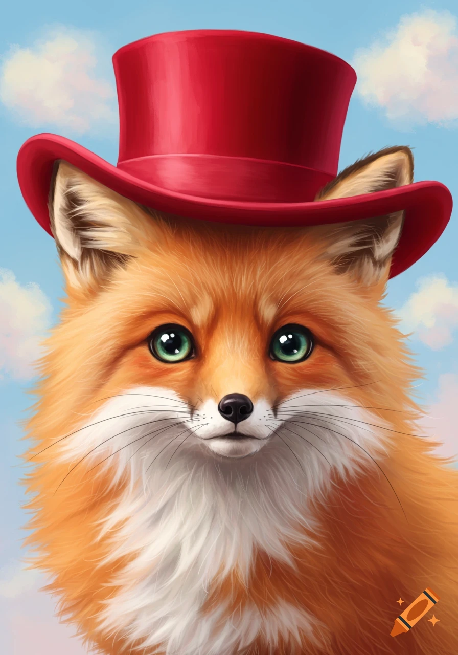 A cute fox wearing a red top hat, digital illustration.