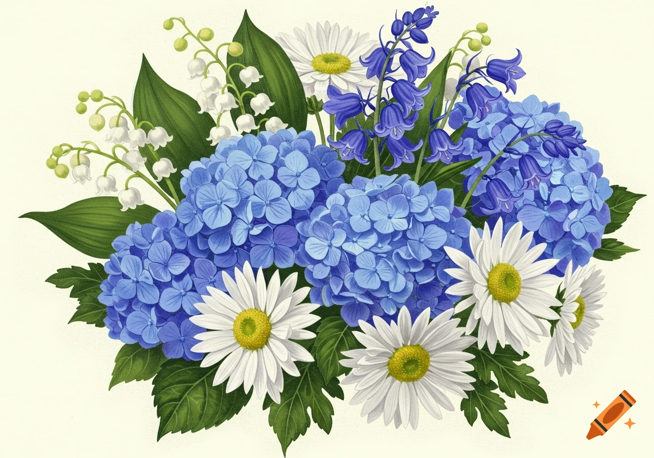 An illustration of a bouquet with blue hydrangeas, white daisies, lily of the valley, and bluebells.