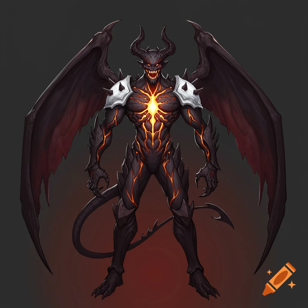 An anime-style illustration of a dark demon with large wings, horns, claws, and glowing orange patterns on its chest and body.