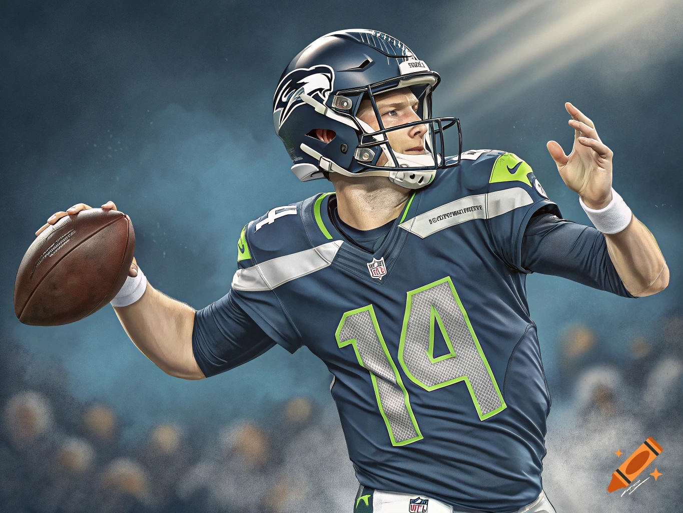 Photorealistic rendering of a Seattle Seahawks football player in uniform number 14 throwing a football