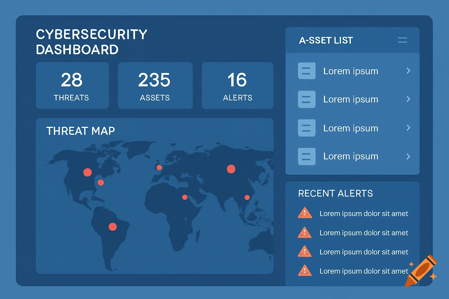 Cybersecurity dashboard UI with threat map, asset list, and alerts