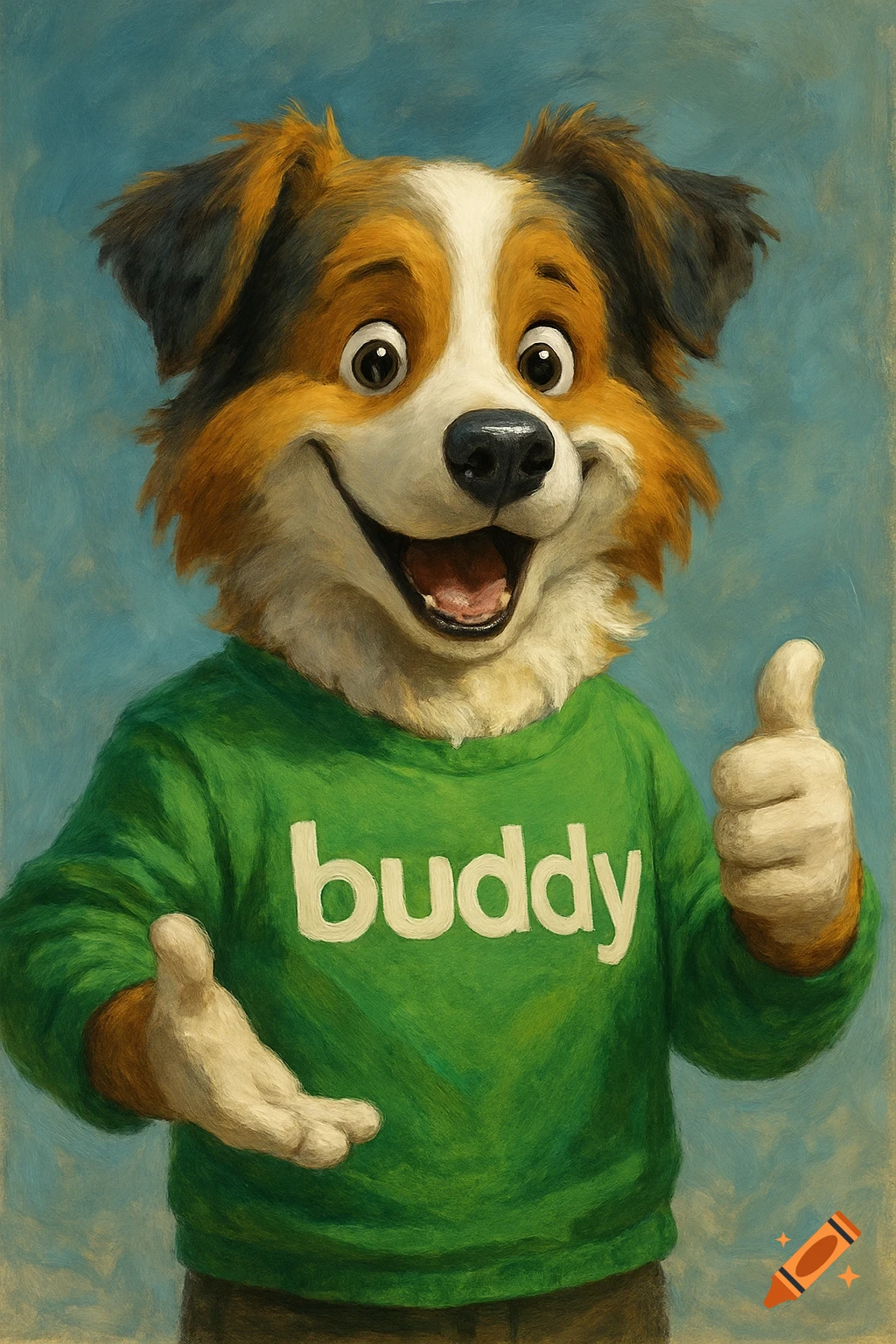 A painted image of a cartoon dog mascot wearing a green shirt with 'buddy' on it, giving a thumbs up.