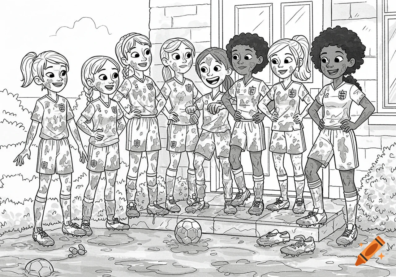 A black and white line drawing of a muddy girls' football team standing on a doorstep.