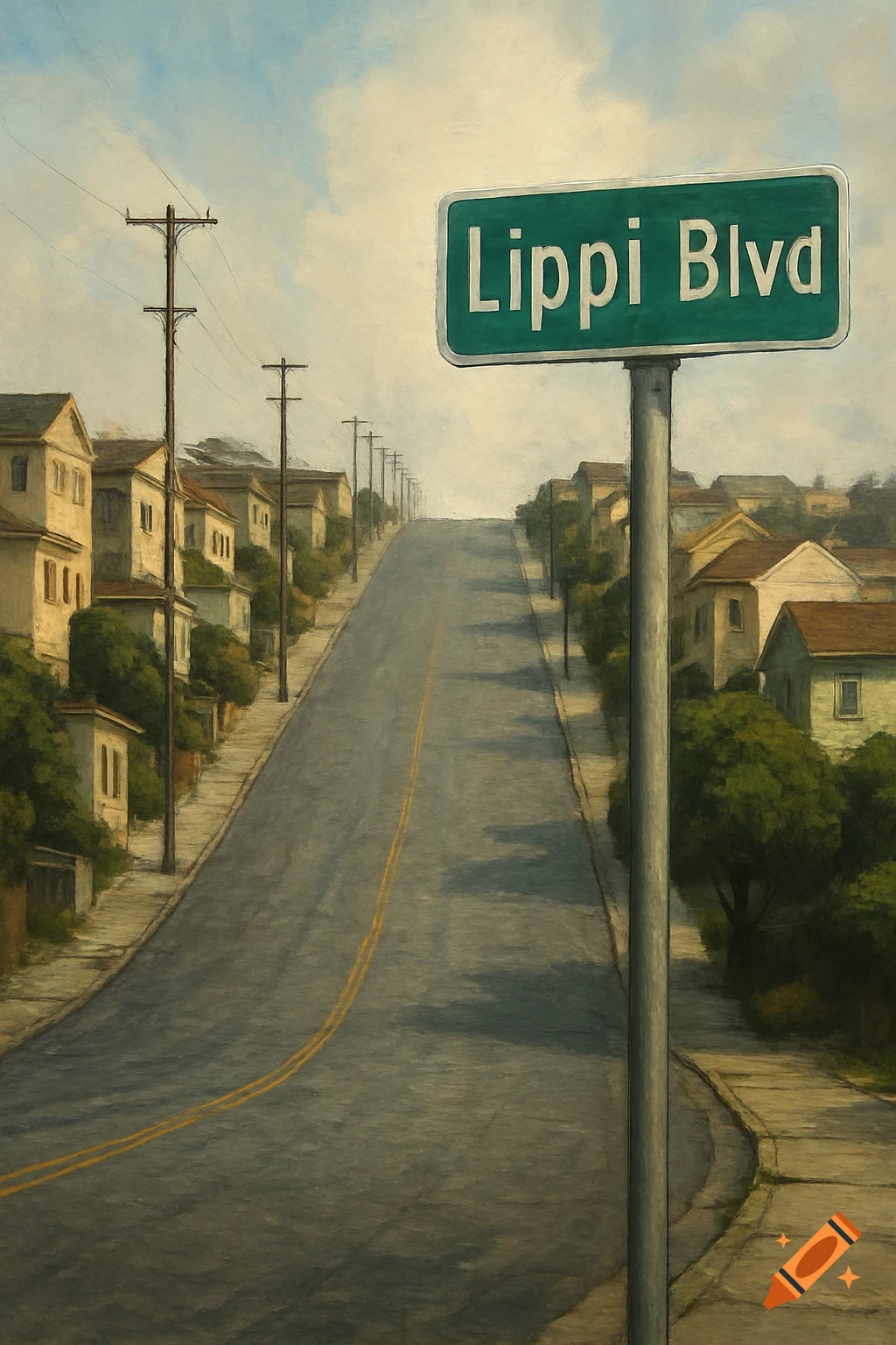 A painting of a steep street on a hill in a neighborhood with a sign reading 'Lippi Blvd'.