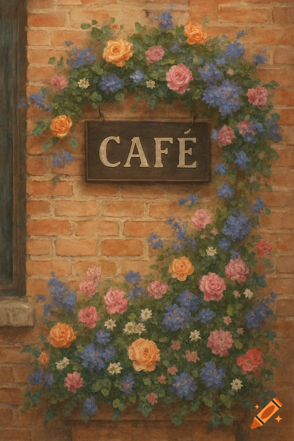 A cafe sign reading "CAFÉ" on a brick wall surrounded by a profusion of painted pink, orange, and blue flowers.