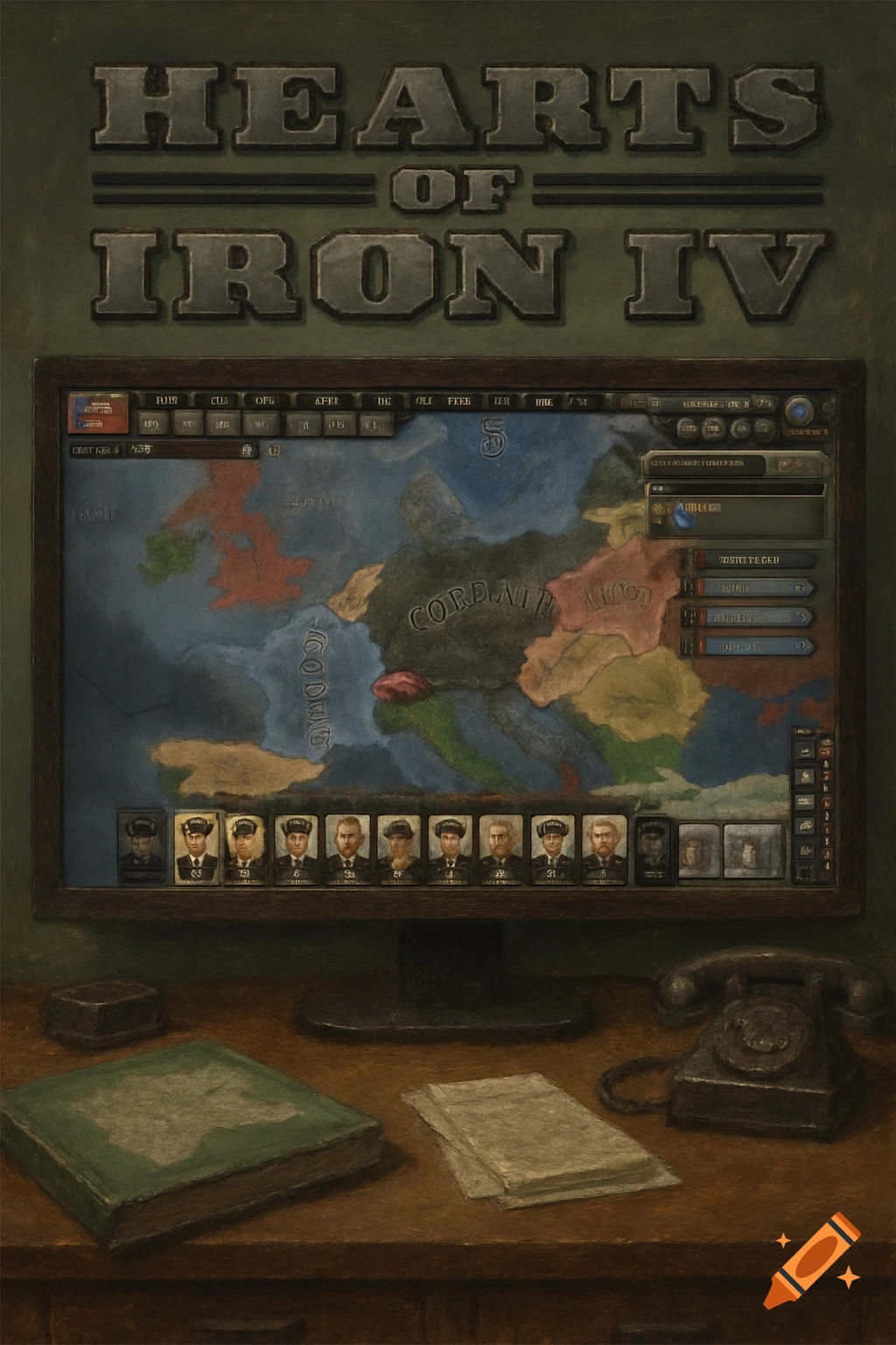 A painted still life of a computer screen showing a strategy game map, a book, papers, and a vintage telephone on a desk.