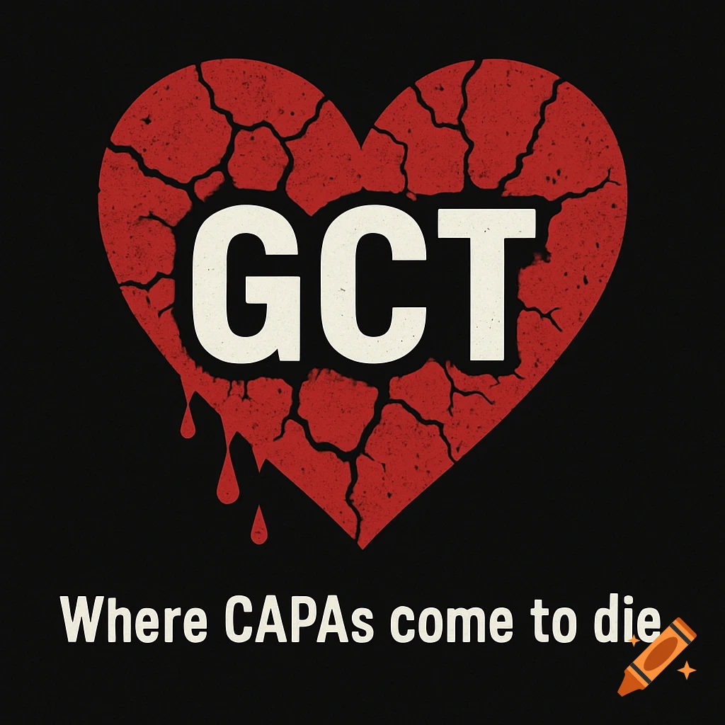 A cracked red heart with the letters GCT inside, dripping red liquid. Below the heart is the text "Where CAPAs come to die" on a black background. Distressed style.