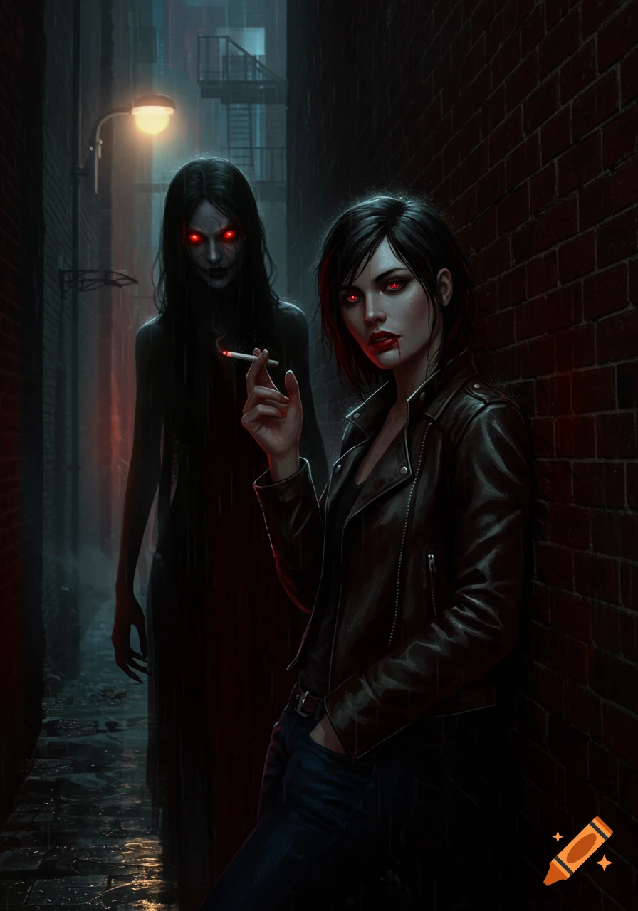 A woman with red eyes smokes in a rainy alley with a shadowy figure behind her, dark fantasy art