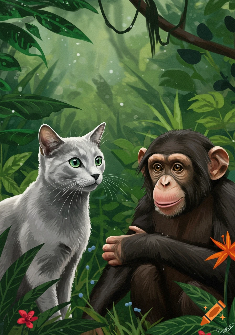 A gray cat and a chimpanzee sit among green jungle plants.