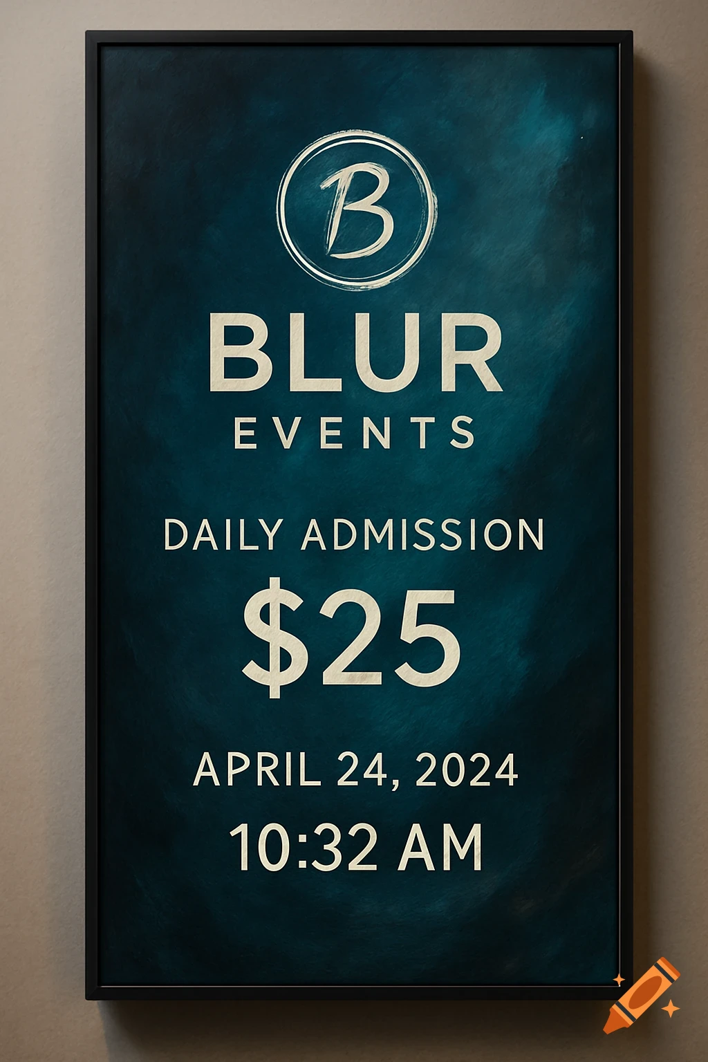 A vertical digital sign for Blur Events lists daily admission at $25, the date as April 24, 2024, and the time as 10:32 AM.