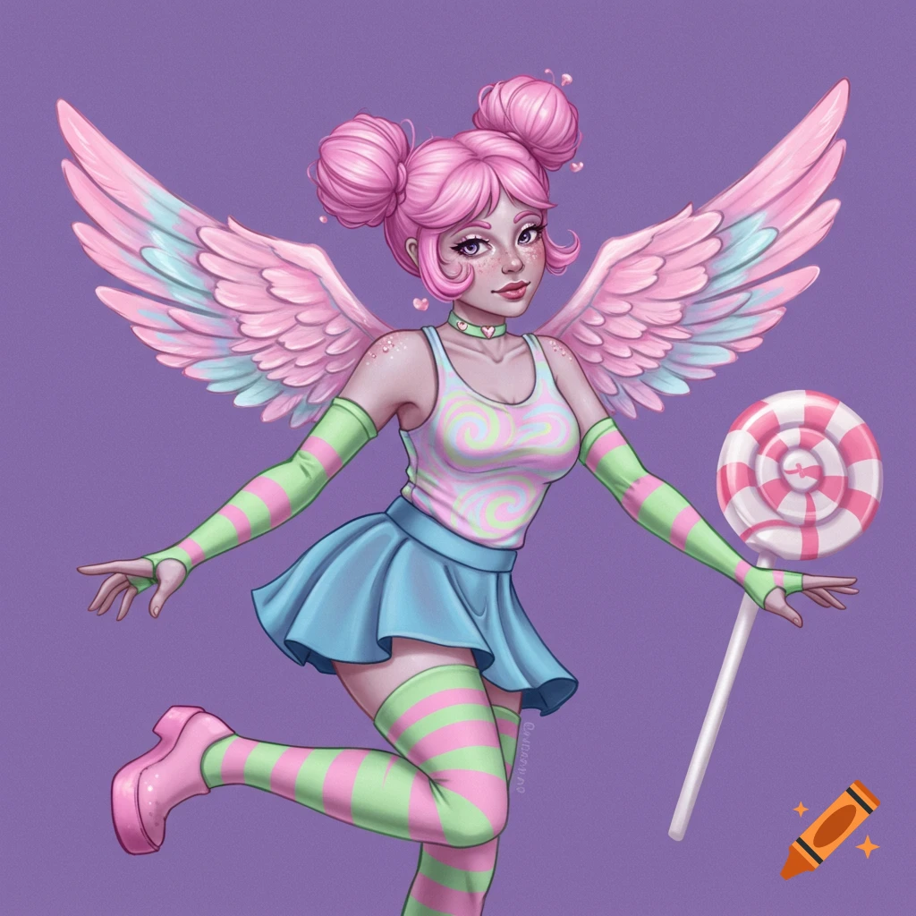 A cute fantasy character with pink buns and pastel wings holds a giant lollipop.