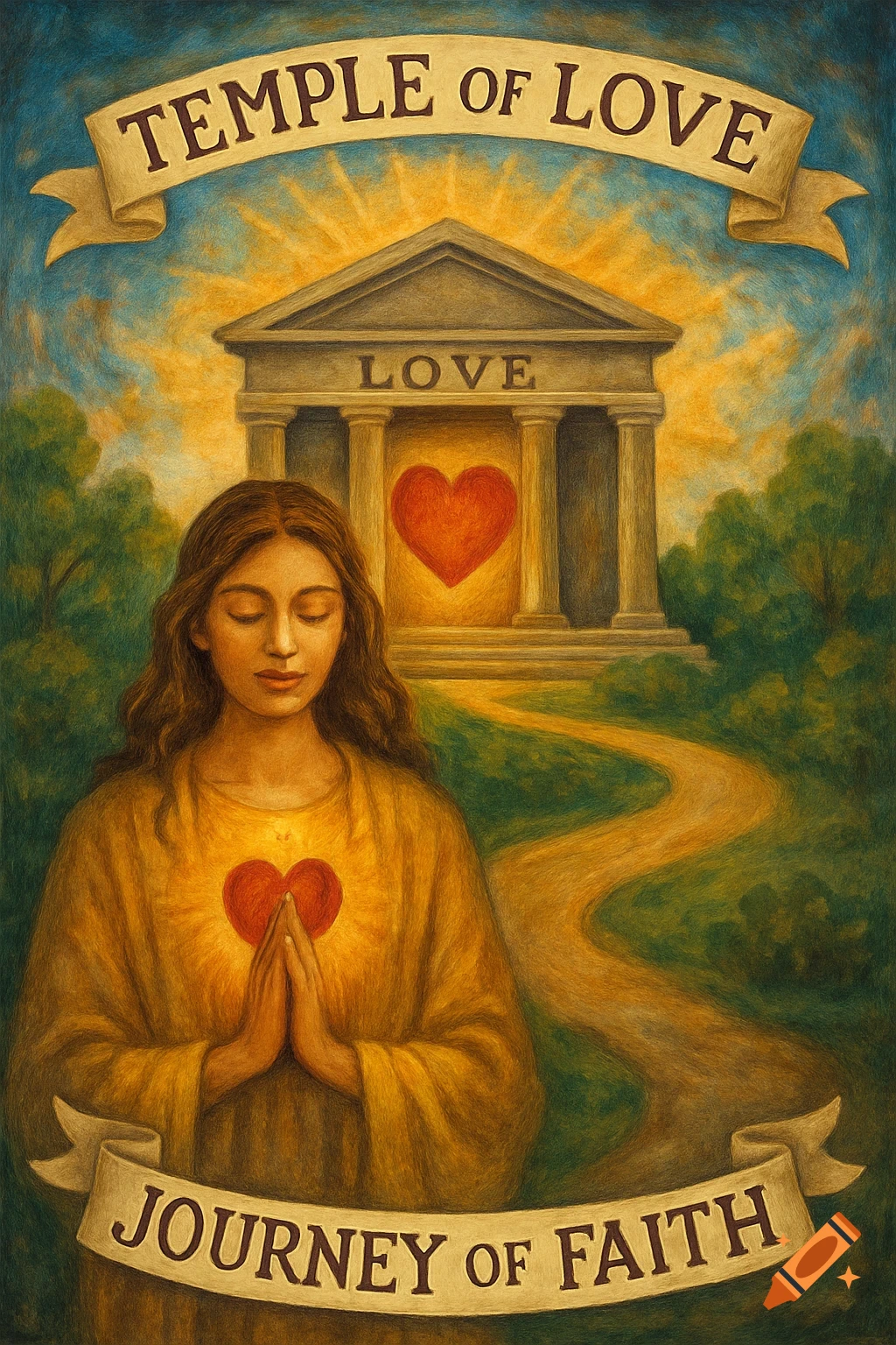 An allegorical painting of a woman praying before a temple of love with a heart, along a winding path representing the journey of faith.