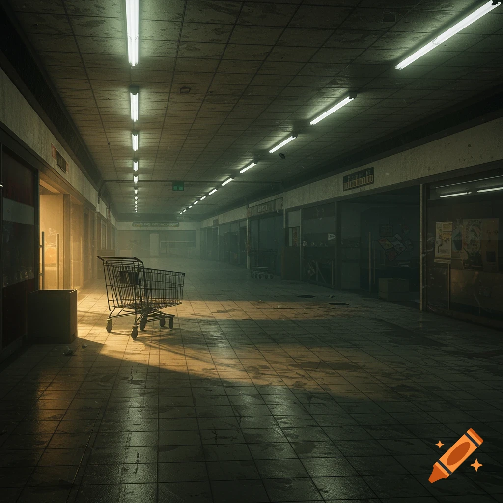 An empty shopping mall hallway with a single shopping cart under eerie lighting.