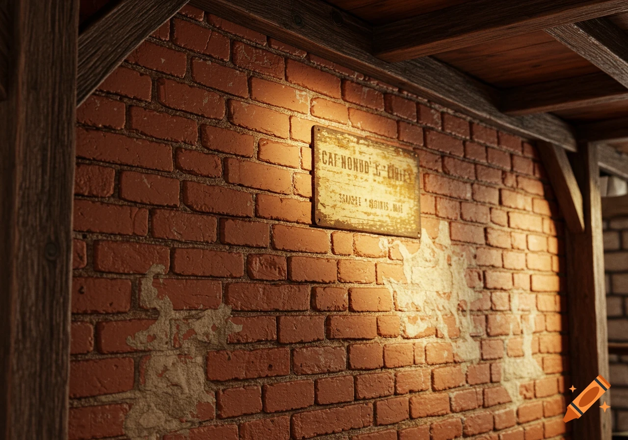 A rustic brick wall with peeling plaster and a distressed metal sign illuminated by warm light.