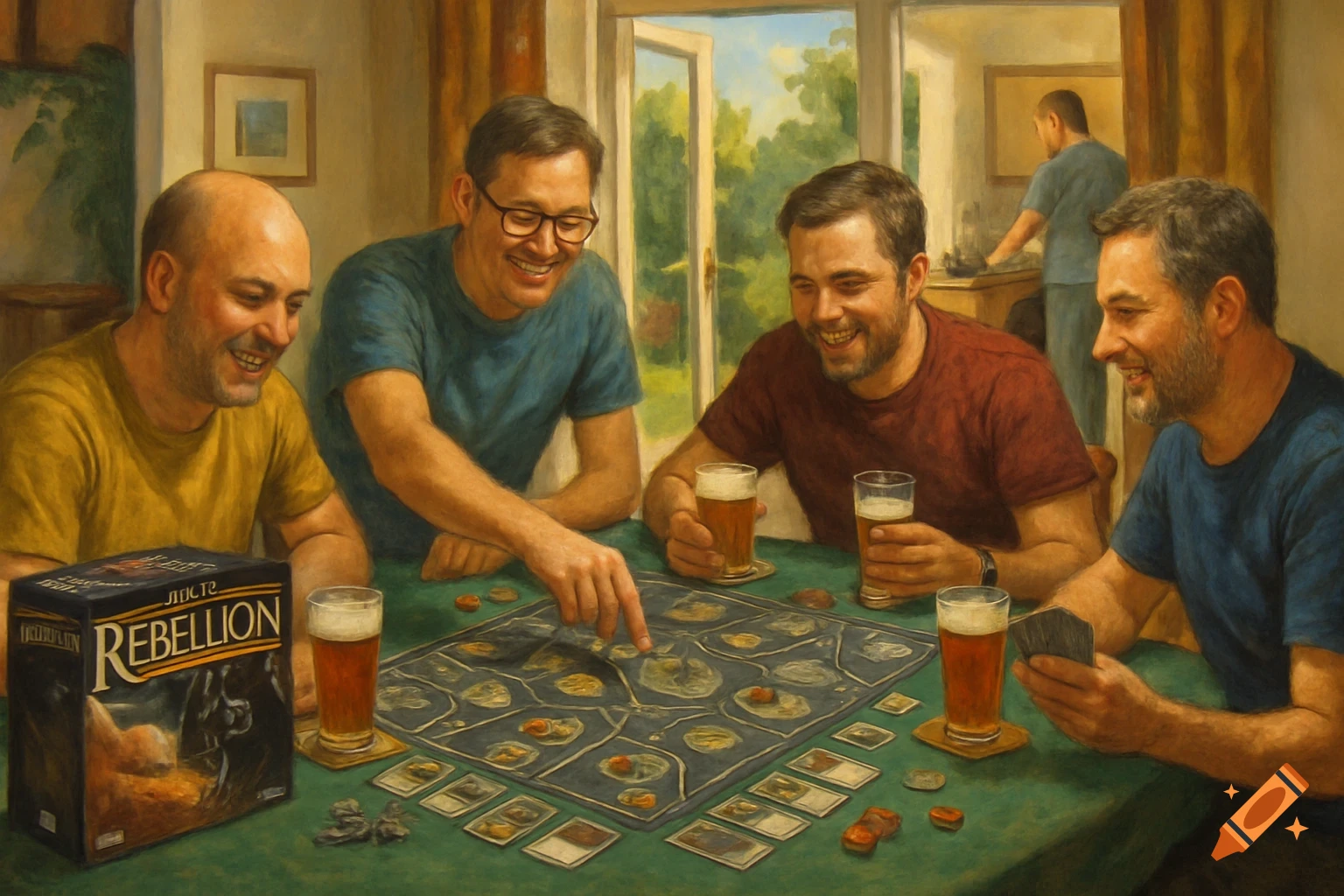 Four men play the Rebellion board game and drink beer at a green table, another man is in the background.