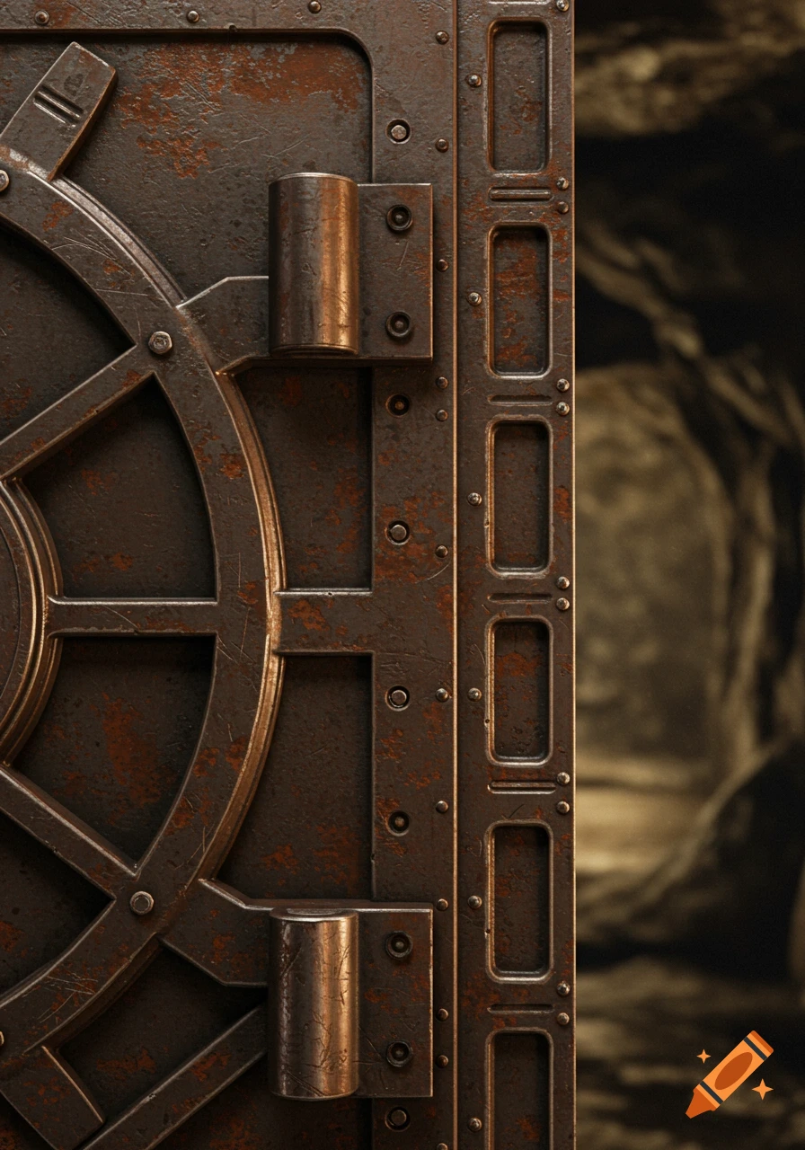 Close-up of a rusty, weathered industrial metal vault door with visible hinges and rivets.