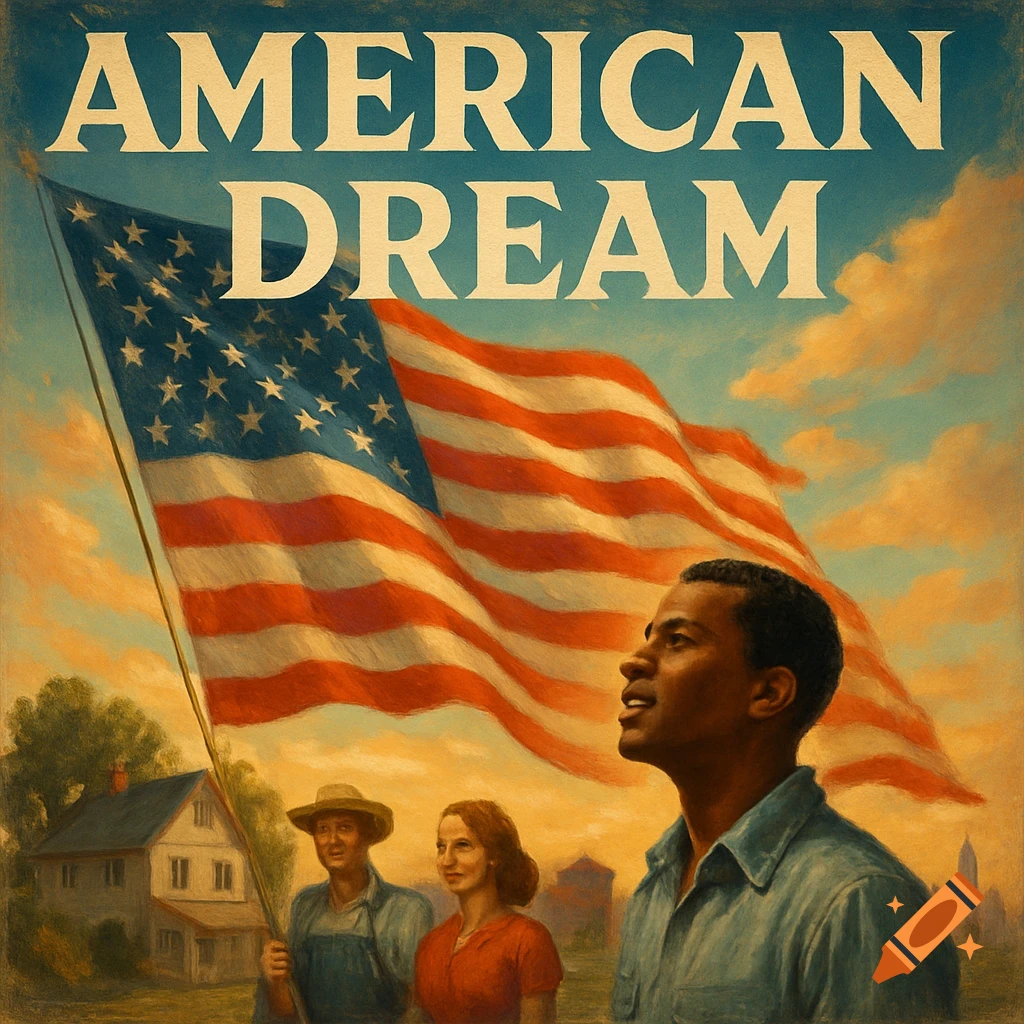 Painterly illustration of diverse people looking up at a large American flag with 'AMERICAN DREAM' text.