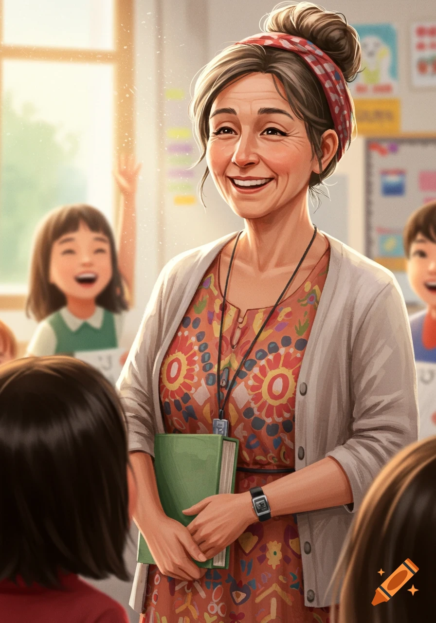 Smiling teacher holding a book in a classroom with students, bright illustration style.