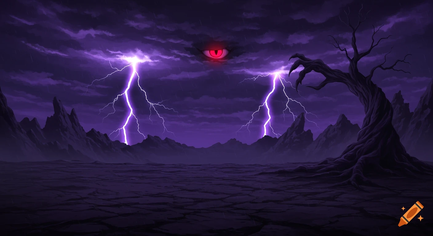 Dark anime fantasy landscape with a red eye in the sky, purple lightning, and a gnarled tree hand.