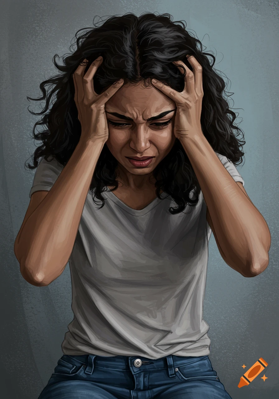 Painting of a person holding their head, looking stressed or unwell.