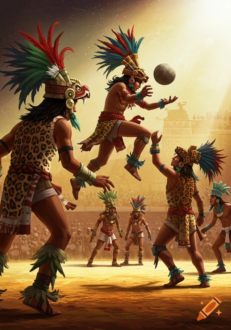 People in ancient attire play a ball game in an arena.