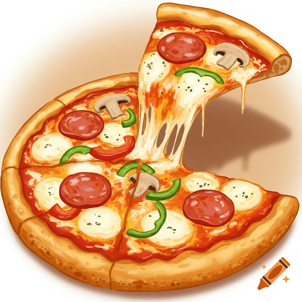 Stylized illustration of a pepperoni and veggie pizza with a slice pulled away showing melted cheese.