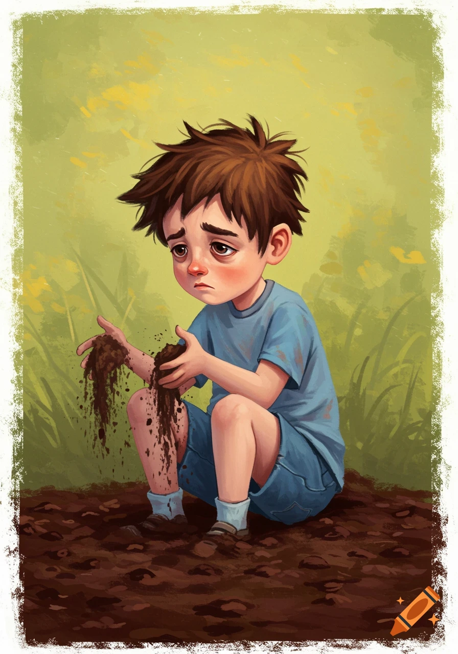 Illustration of a sad boy squatting in dirt and playing with it.