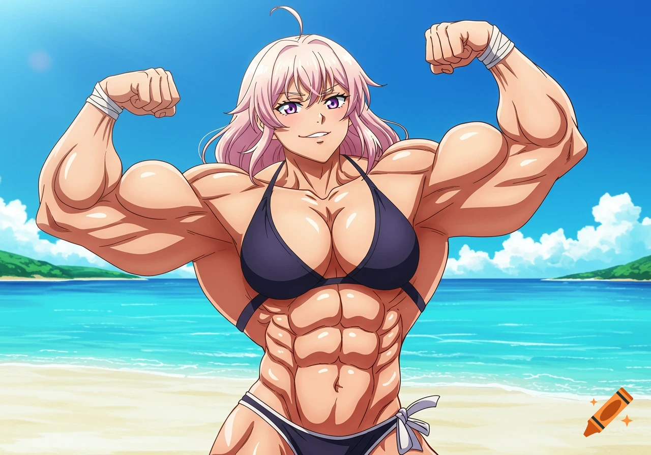 Muscular anime woman flexing on a beach