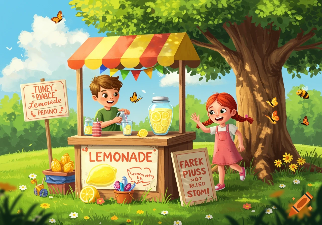 An illustration of two kids at a lemonade stand in a sunny summer park.