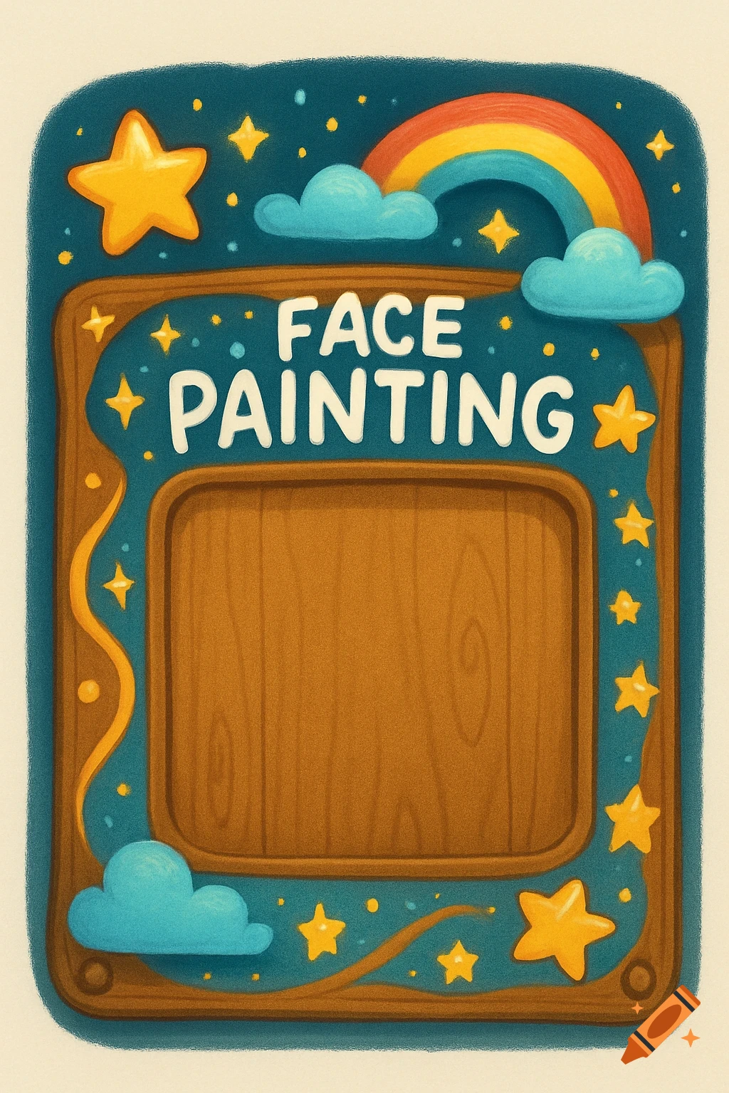 Cartoon frame for face painting with text, stars, rainbow, and clouds