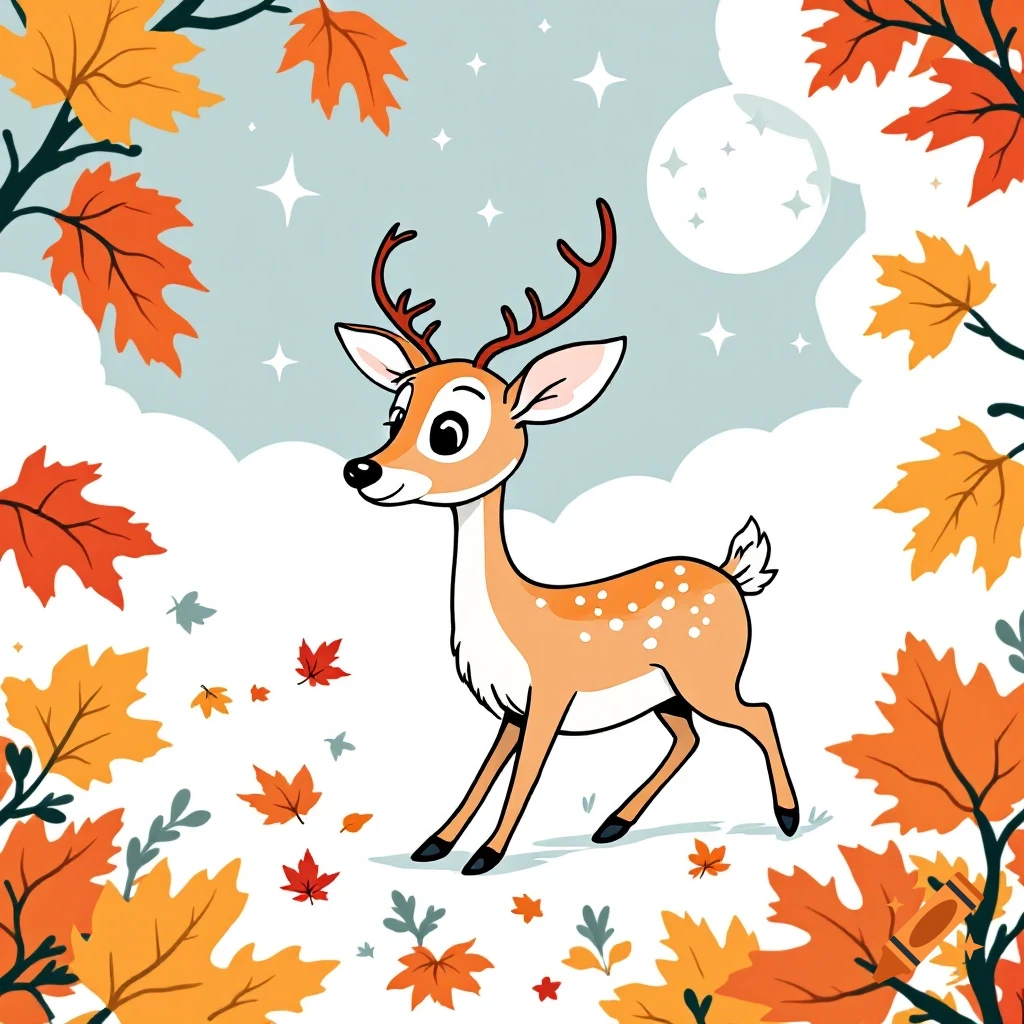 Cartoon deer walks among colorful autumn leaves under a starry sky with a moon. Illustration.