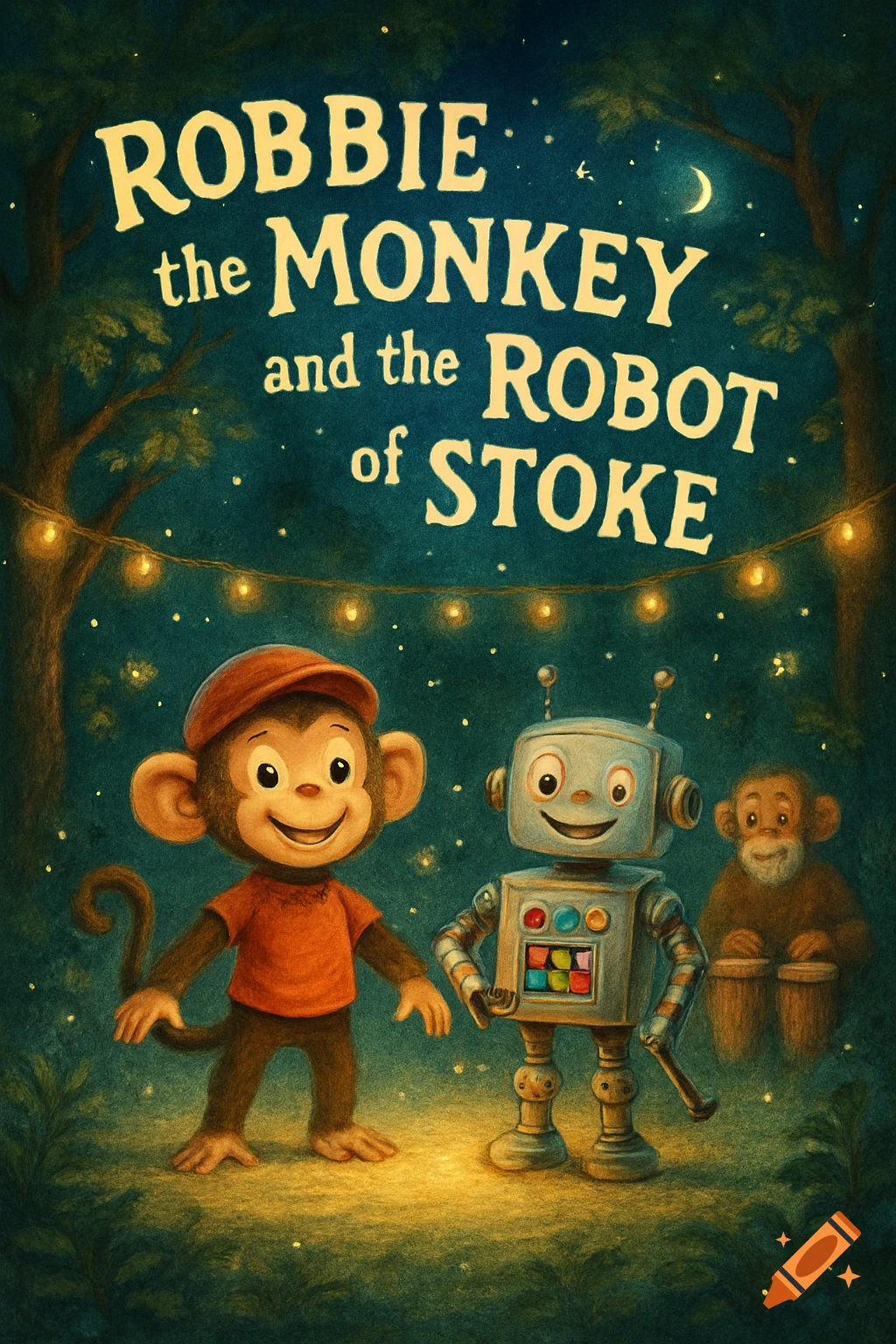 Storybook illustration of a monkey and robot under a title 'Robbie the Monkey and the Robot of Stoke' in a glowing forest.
