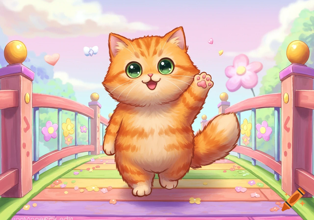 A cute orange cat waves while standing on a colorful bridge, illustration style.
