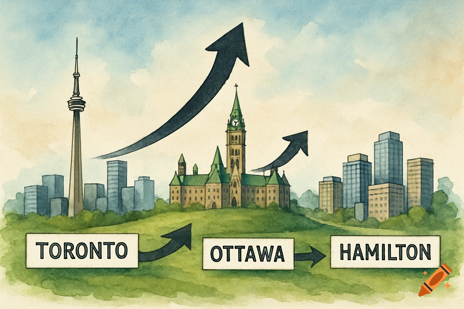 Watercolor illustration showing growth from Toronto to Ottawa and Hamilton with arrows and city skylines