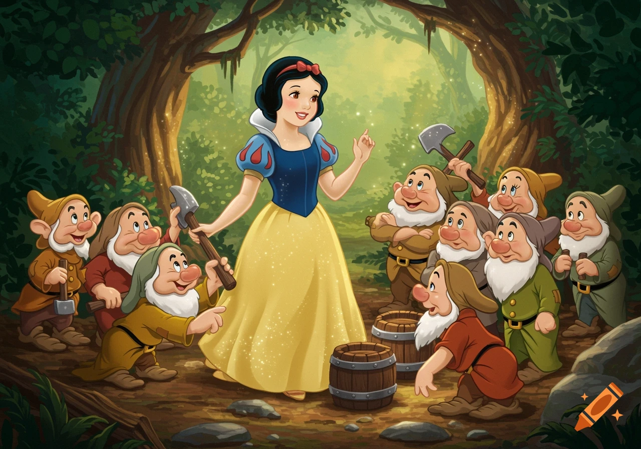 Snow White speaks with the seven dwarfs in a forest clearing, illustration