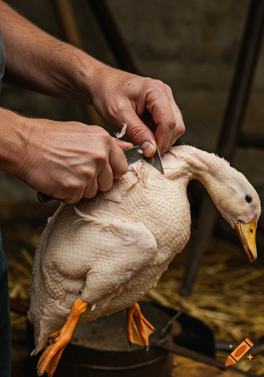 Hands using a knife to remove feathers from a raw duck