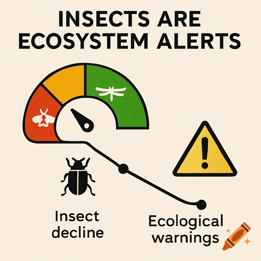 Illustration shows a meter graphic tracking insect decline leading to ecological warnings.
