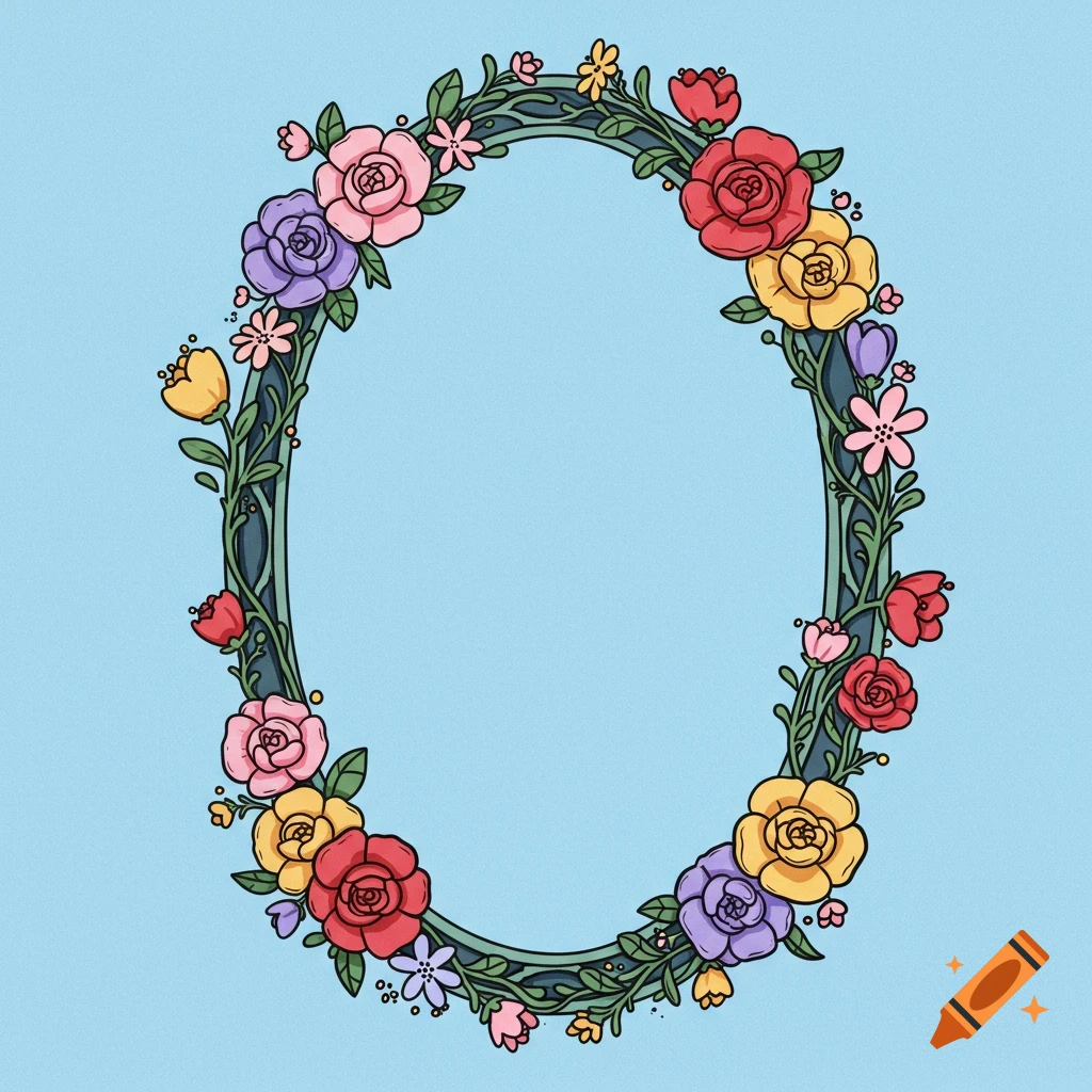 Cartoon oval frame decorated with colorful flowers and leaves on a blue background.