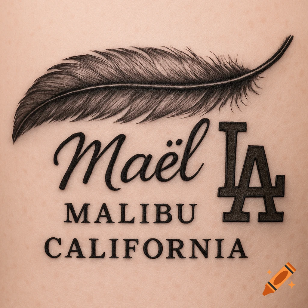 Realistic tattoo of a feather, the name Maël, 'MALIBU CALIFORNIA', and the LA logo on skin.