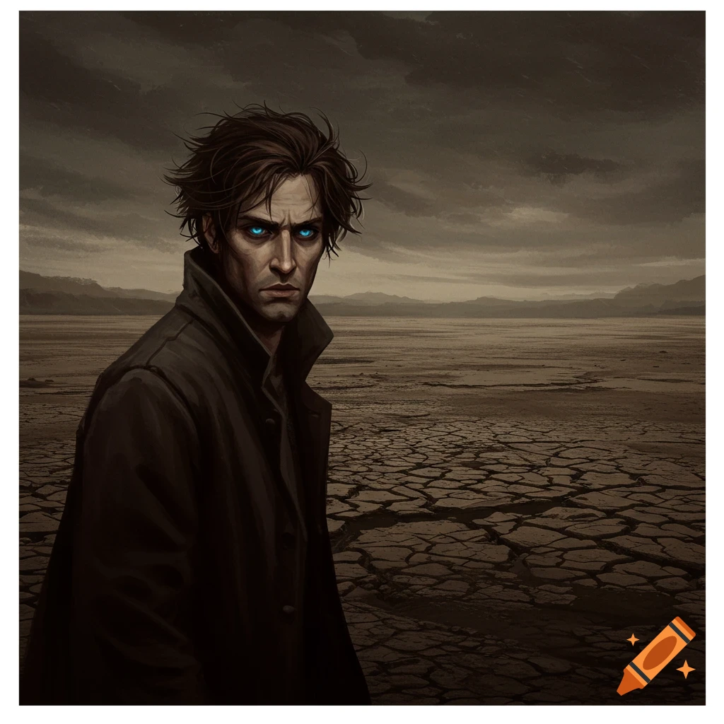 A mysterious man with glowing blue eyes stands in a cracked wasteland under a stormy sky.
