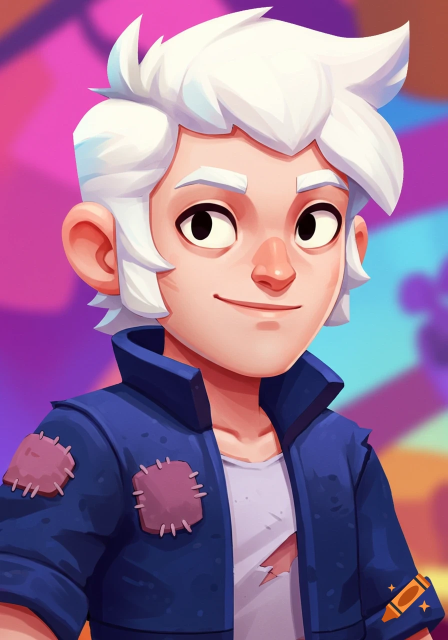 Stylized portrait of a character with white hair and a blue jacket.