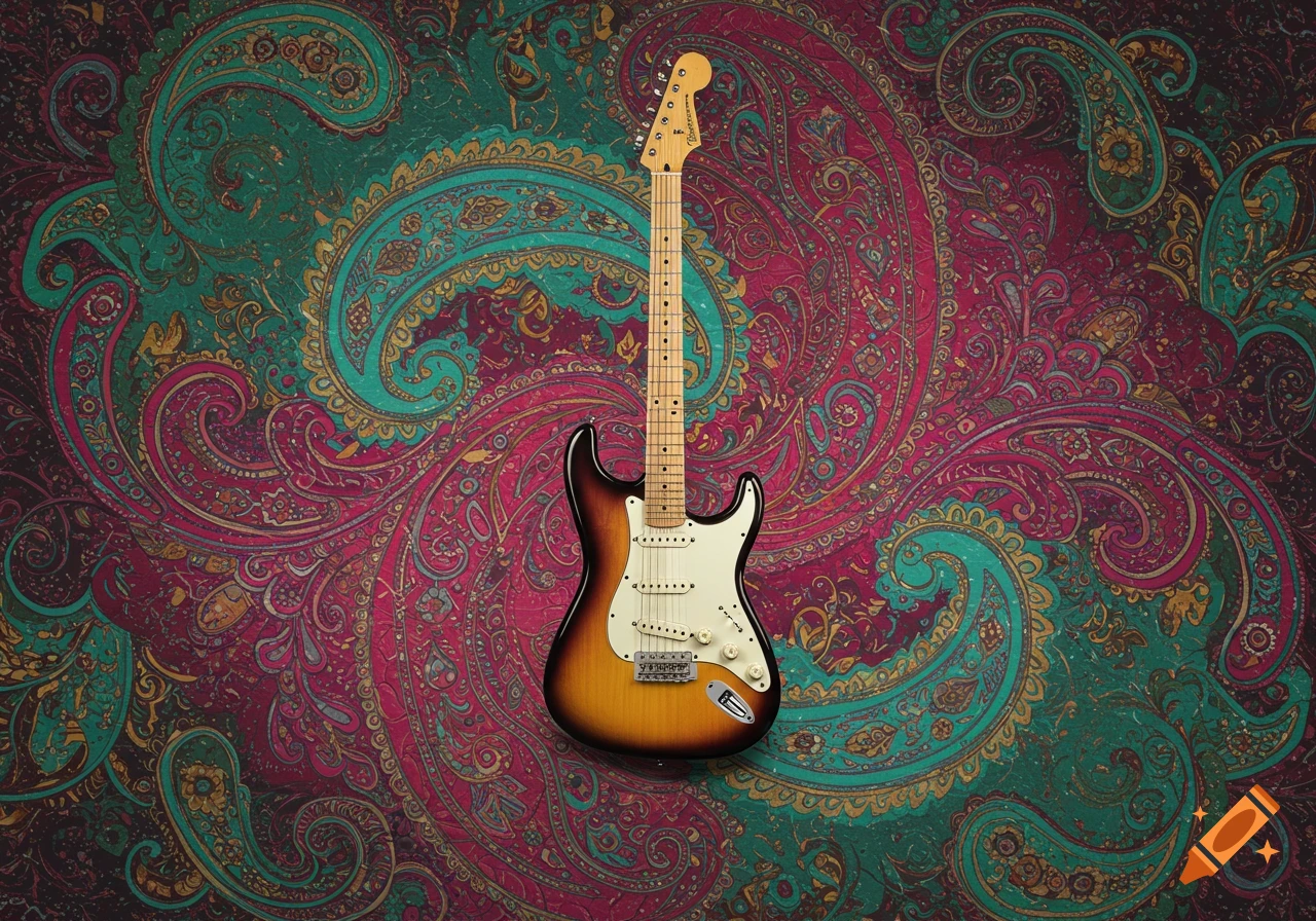 A sunburst electric guitar stands upright against a colorful swirling paisley pattern background.