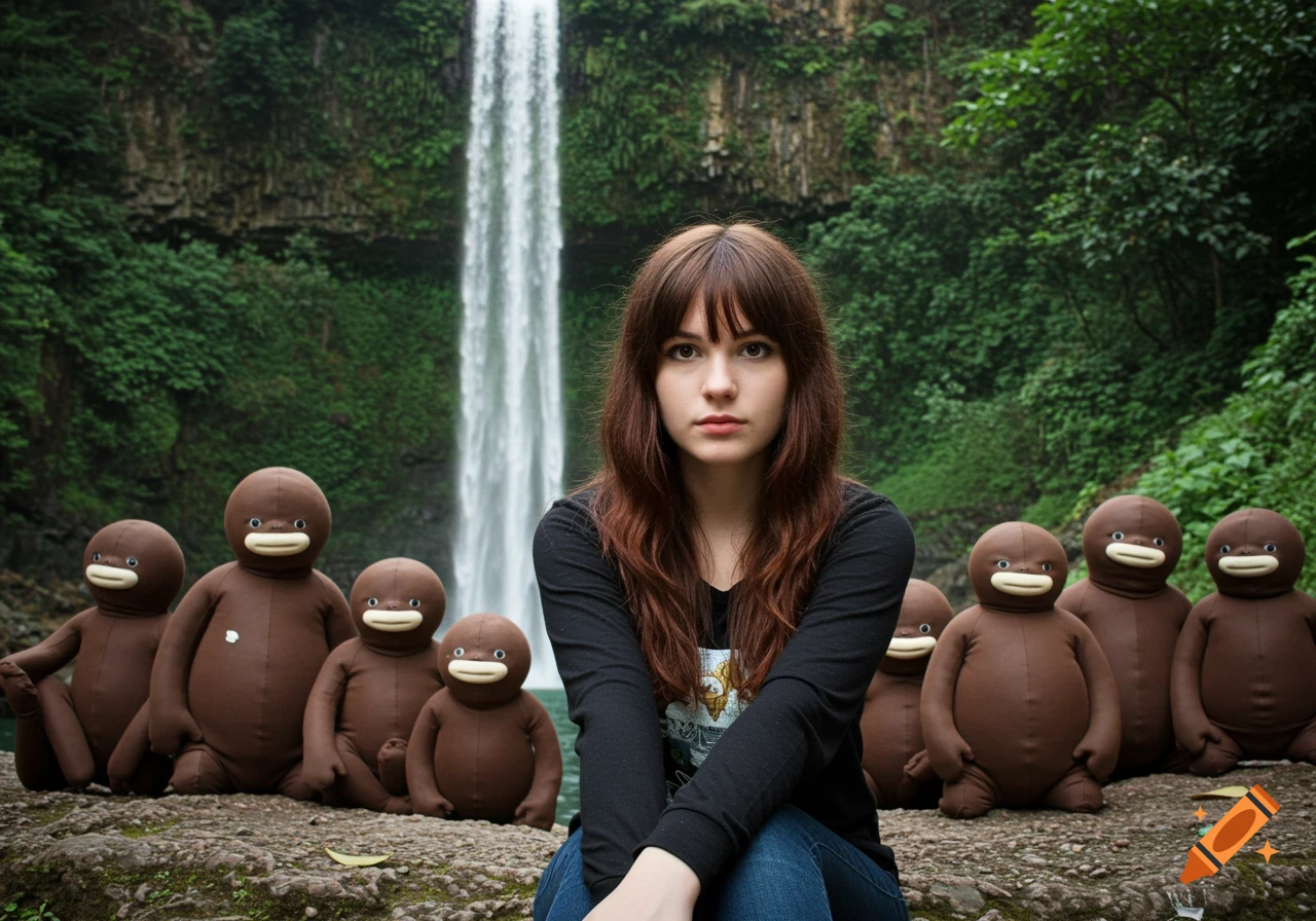 A girl sits in front of a waterfall surrounded by large brown plush toys in a jungle setting.