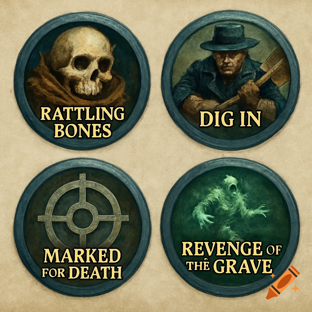 Four circular fantasy game tokens arranged in a grid
