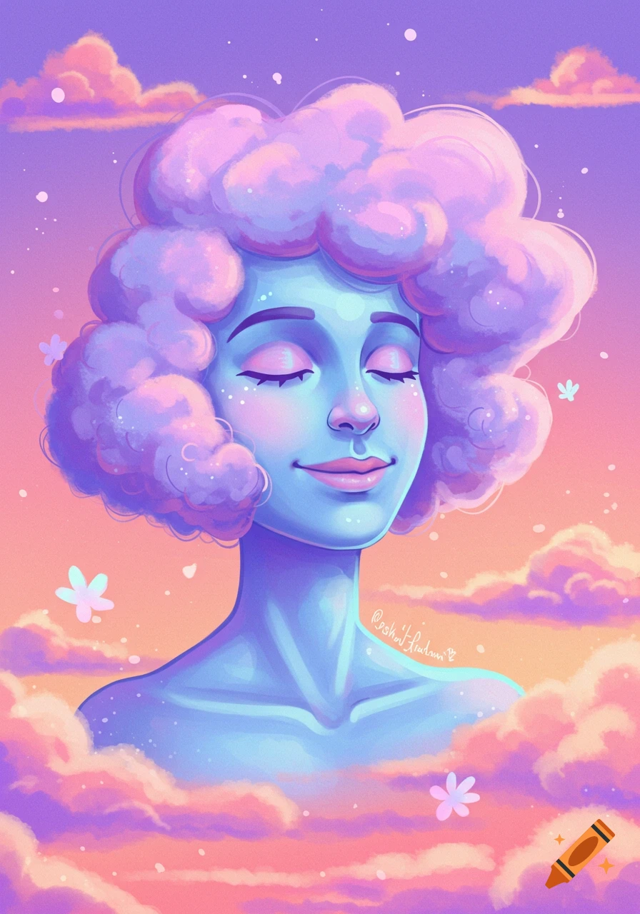Stylized illustration of a person made of clouds smiling with eyes closed, surrounded by colorful clouds in a sky.