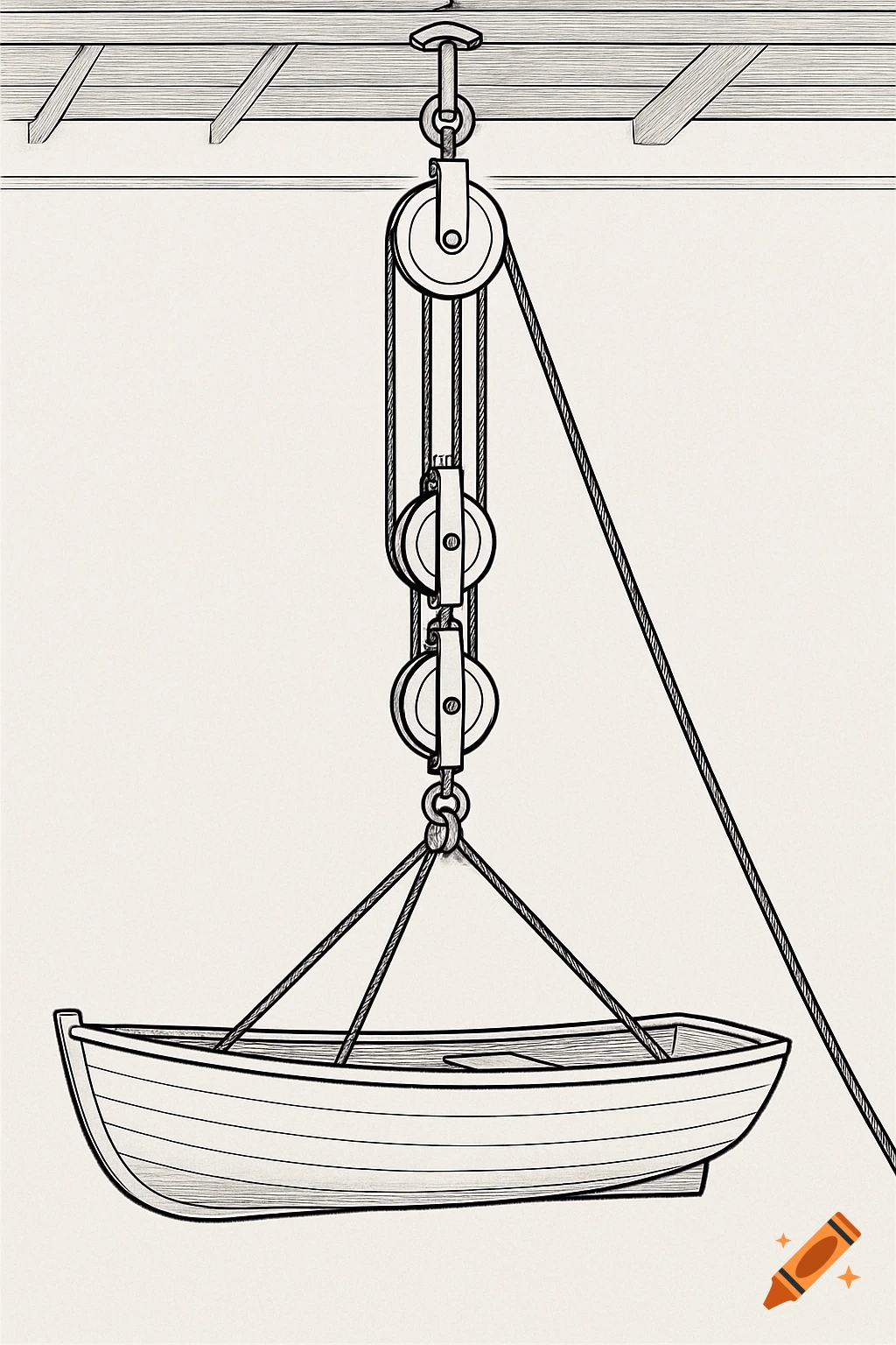 Black and white line drawing of a pulley system lifting a boat.