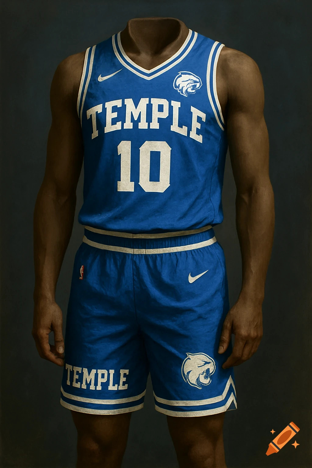 Person wearing a blue Temple basketball jersey and shorts with 'TEMPLE' and '10' text.