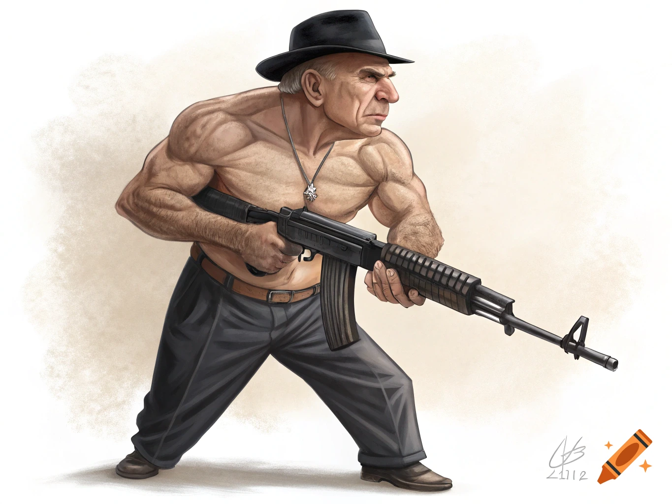 Illustration of a muscular older man wearing a fedora and holding a machine gun