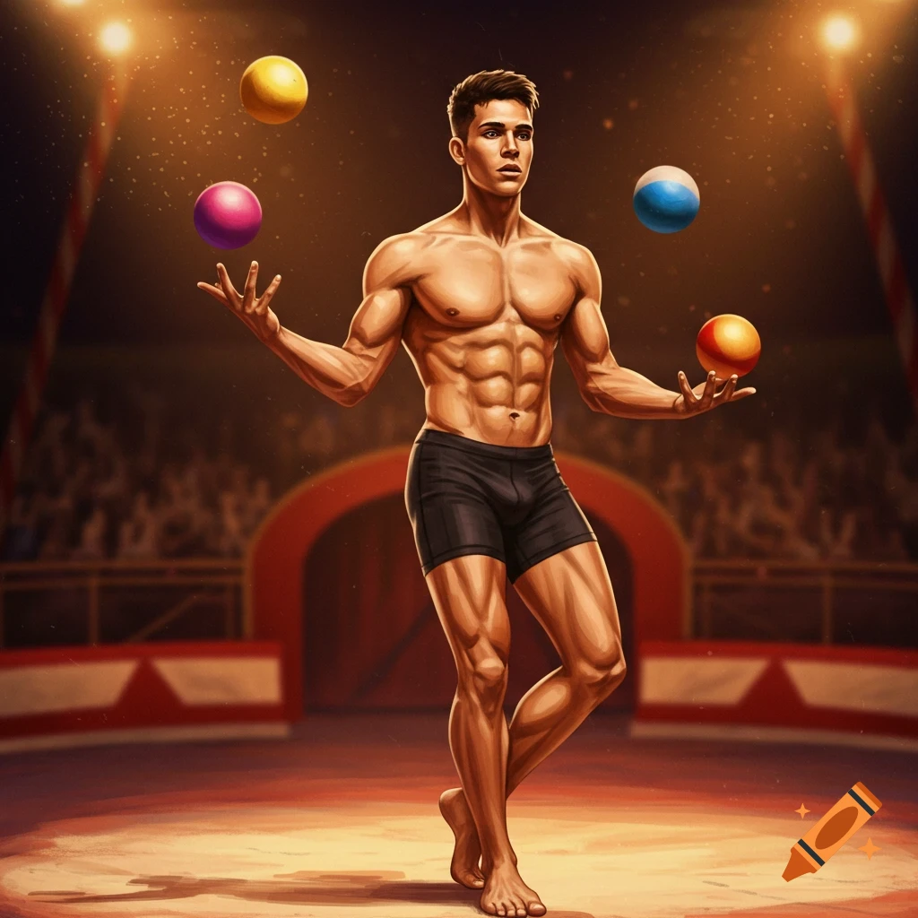 Muscular man in black shorts juggling four balls on a circus stage.