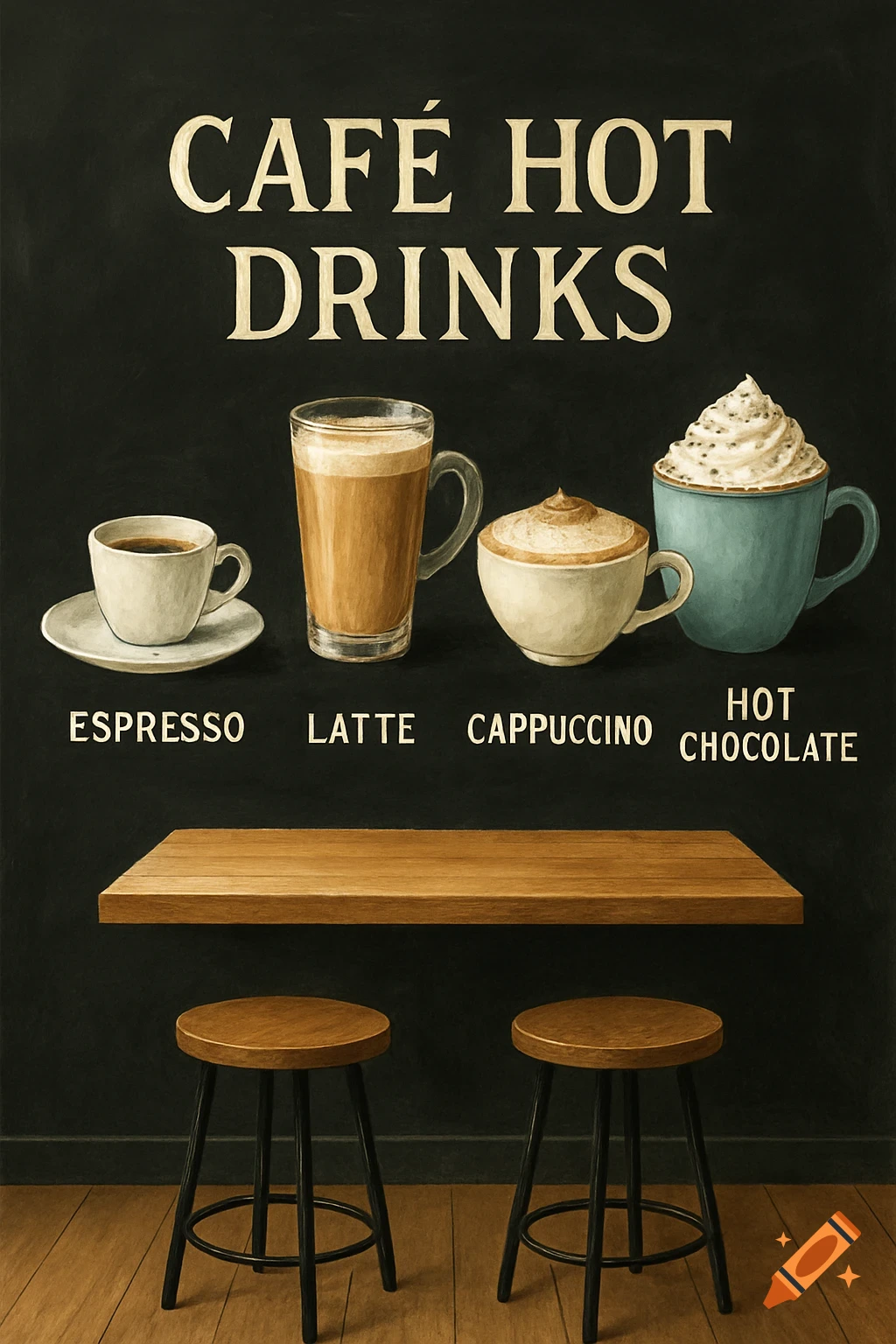 Illustration of hot drinks on a shelf with names and stools below.